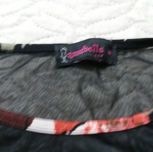 Annabelle Mesh Black Red Floral Top M Ruched Sides - Picture 3 of 3